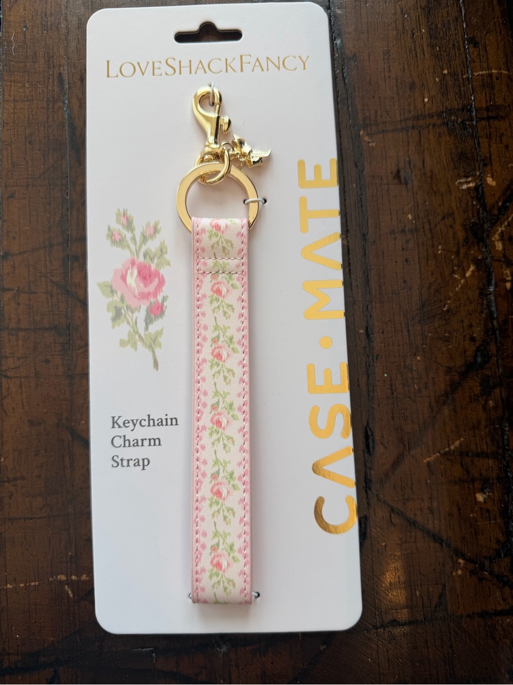 NWT LoveShackFancy Pink Floral Keychain Strap with Gold Hardware
